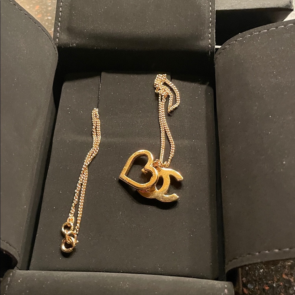 Chanel Gold Pendant Necklace with Heart and Logo 16 inch chain